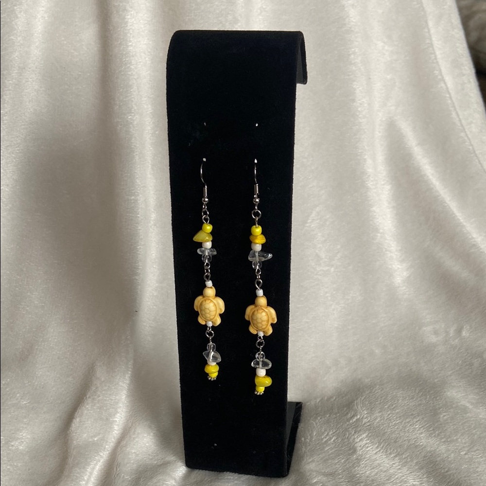 Yellow and Silver Turtle Dangle Earrings
